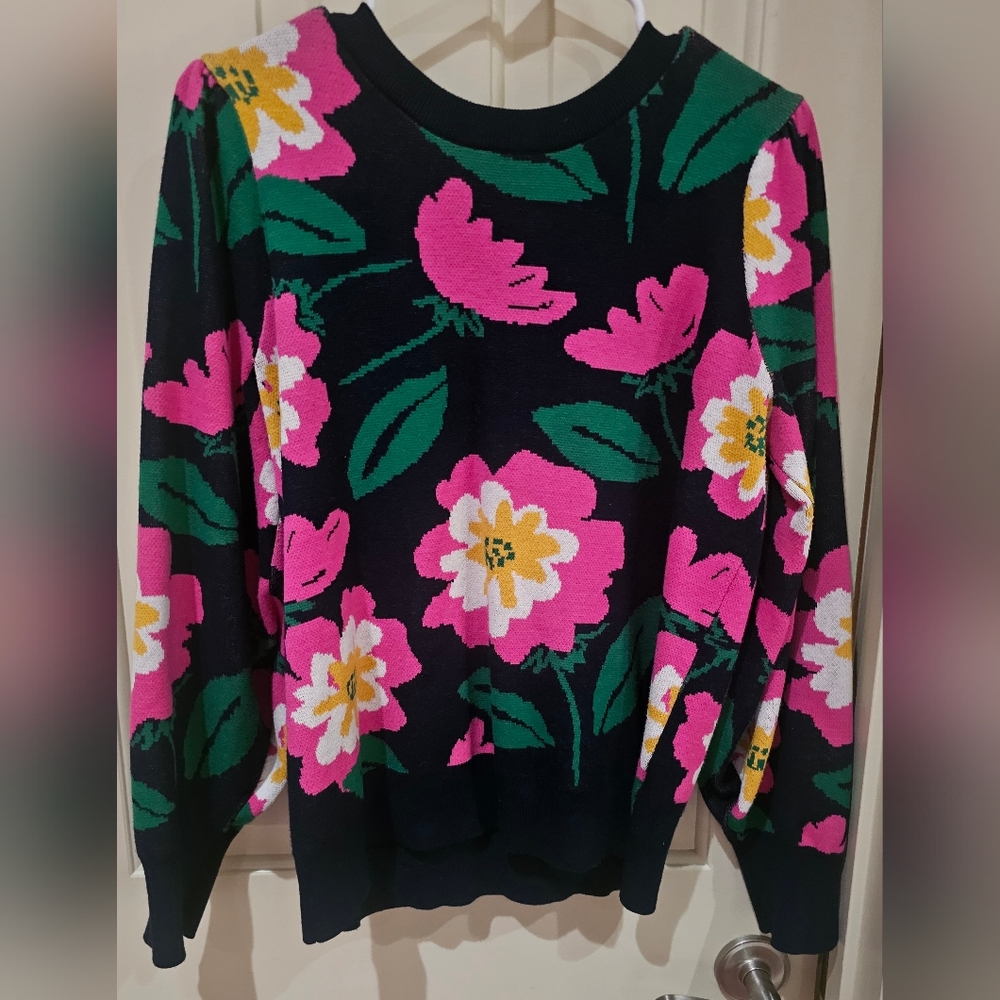 Crown & Ivy Floral Crew Neck Sweater - Black, Pink, and Green